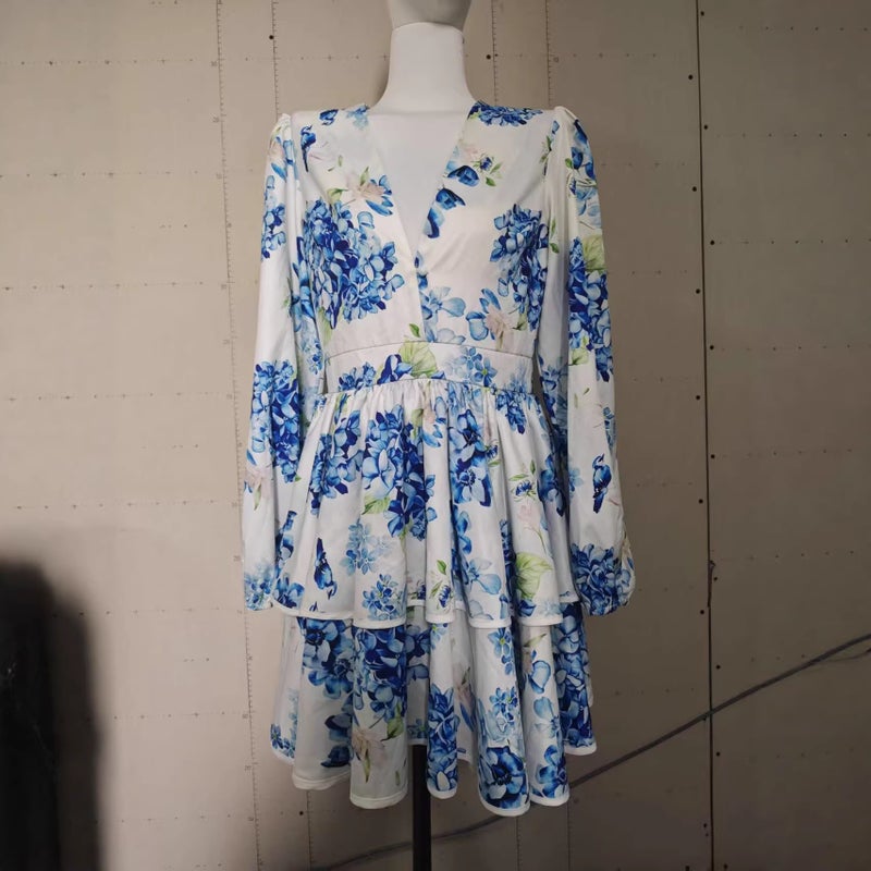 2025 Autumn Elegant V-Neck Puff Sleeve Floral Print Short Dress for Women - Image 2