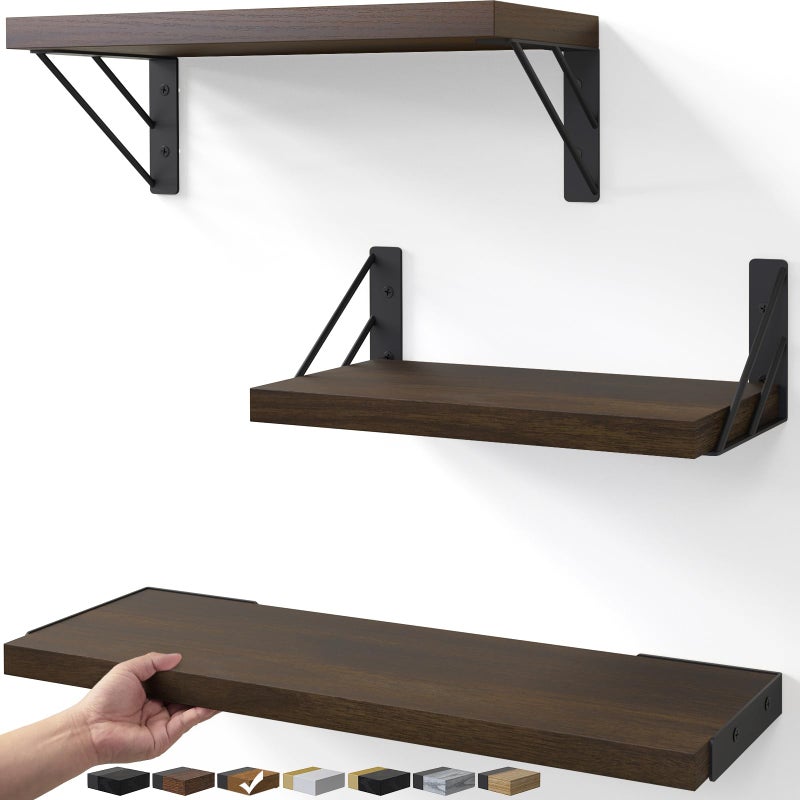 BAYKA Floating Shelves for Wall, Book Shelf for Bedroom, Wall Decor Shelves for Living Room Kitchen, Wood Floating Shelf for Home Decor, Corner Shelf for Bathroom, Office(Dark Brown,Set of 3) - Image 1