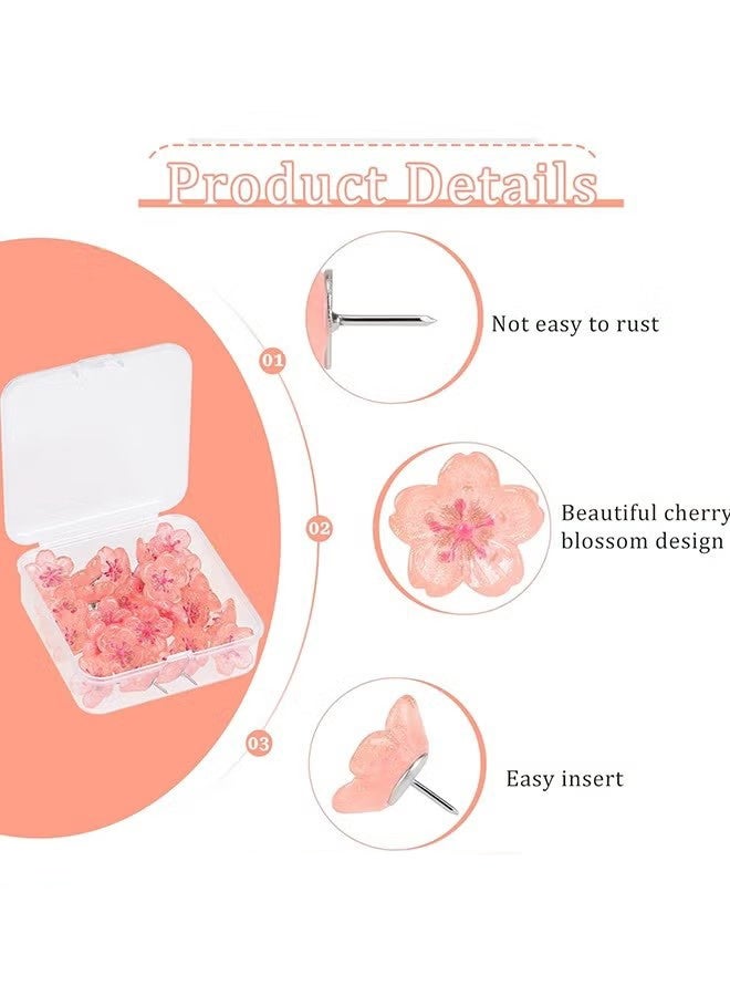 واي جيه 20 قطعة من الكرز أزهار الدفع، الراتنج الوردي لامع الأزهار مسامير الدفع زخرفية الأصابع ل تعليق الحائط، لوحة النشرات، الخرائط، مكتب الجدار - Image 3