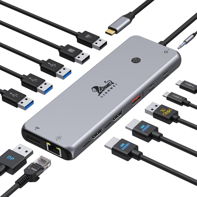LIONWEI محطة إرساء USB C 13 في 1 - شاشة مزدوجة، عرض ثلاثي، 8 منافذ USB C/A، إيثرنت، صوت - محور USB C من LIONWEI لجهاز MacBook، Dell، HP، Lenovo، Surface - Image 1