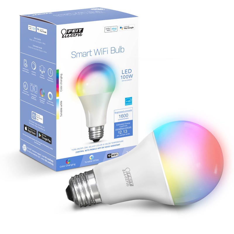 Feit Electric Smart Bulb 100W Equivalent Color Changing and Tunable White 24Ghz Wifi light bulb No Hub Needed Works with Alexa and Google Assistant High CRI Dimmable LED OM100RGBWCAAG 1 Pack
