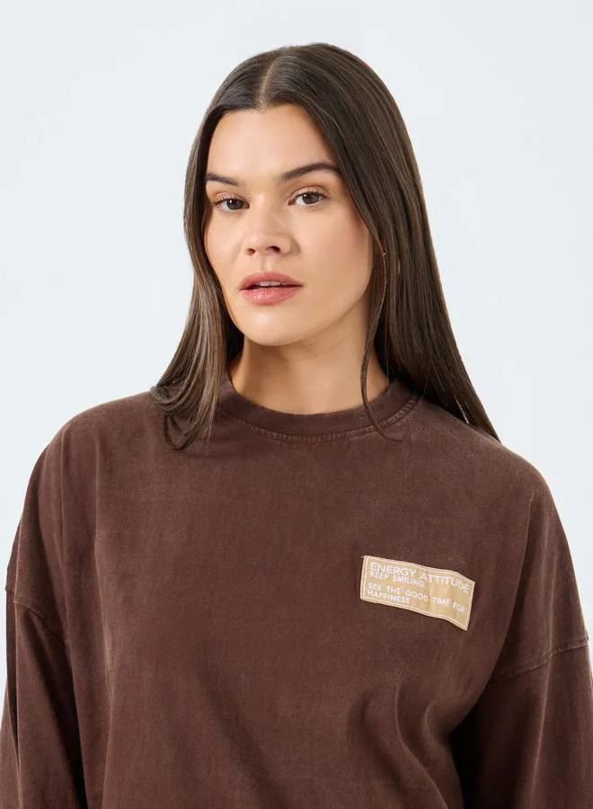 Styli Brown Oversized Washed T-Shirt with Badge Detail