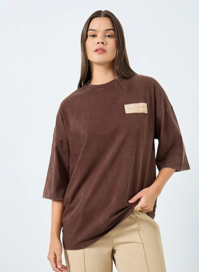 Styli Brown Oversized Washed T-Shirt with Badge Detail