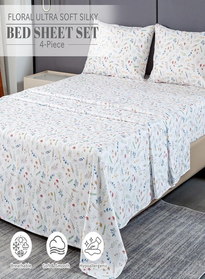 Bedlifes King Sheet Set Ultra Soft, Breathable, Silky Flower Deep Pocket 100% Microfiber Bedding, 4 Piece King Size White Floral - Image 2