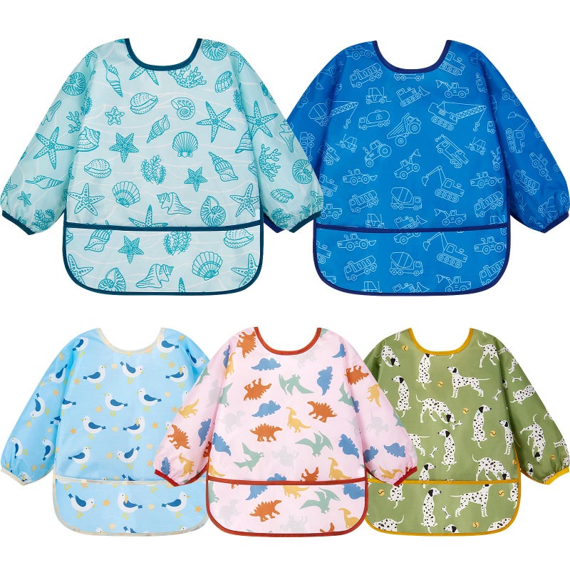 Lictin Baby Bibs for Boys Girls - Long Sleeve Bib, Waterproof Toddler Bibs, 0-24 Months Neutral Baby Smock for Eating (Dark Blue/Wathet/Blue/Green/Brown, 0-24 months) - Image 1