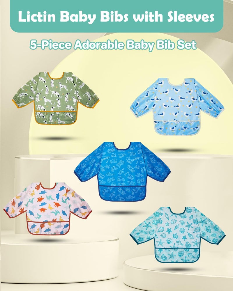 Lictin Baby Bibs for Boys Girls - Long Sleeve Bib, Waterproof Toddler Bibs, 0-24 Months Neutral Baby Smock for Eating (Dark Blue/Wathet/Blue/Green/Brown, 0-24 months) - Image 2
