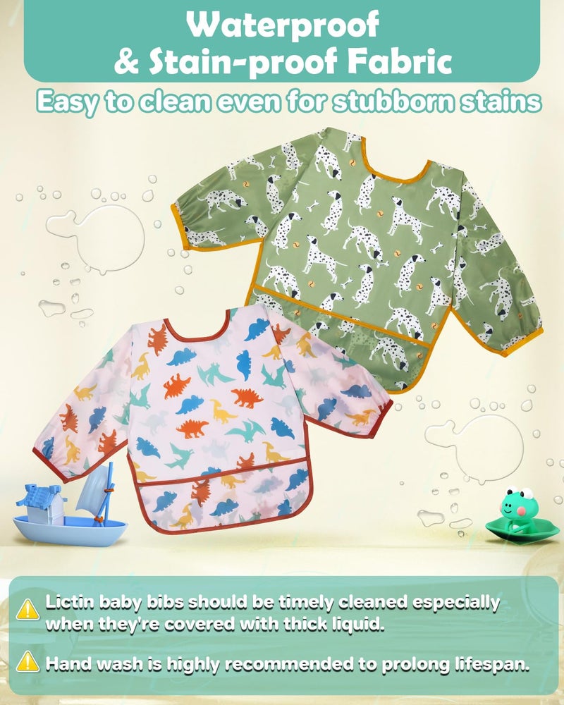 Lictin Baby Bibs for Boys Girls - Long Sleeve Bib, Waterproof Toddler Bibs, 0-24 Months Neutral Baby Smock for Eating (Dark Blue/Wathet/Blue/Green/Brown, 0-24 months) - Image 3