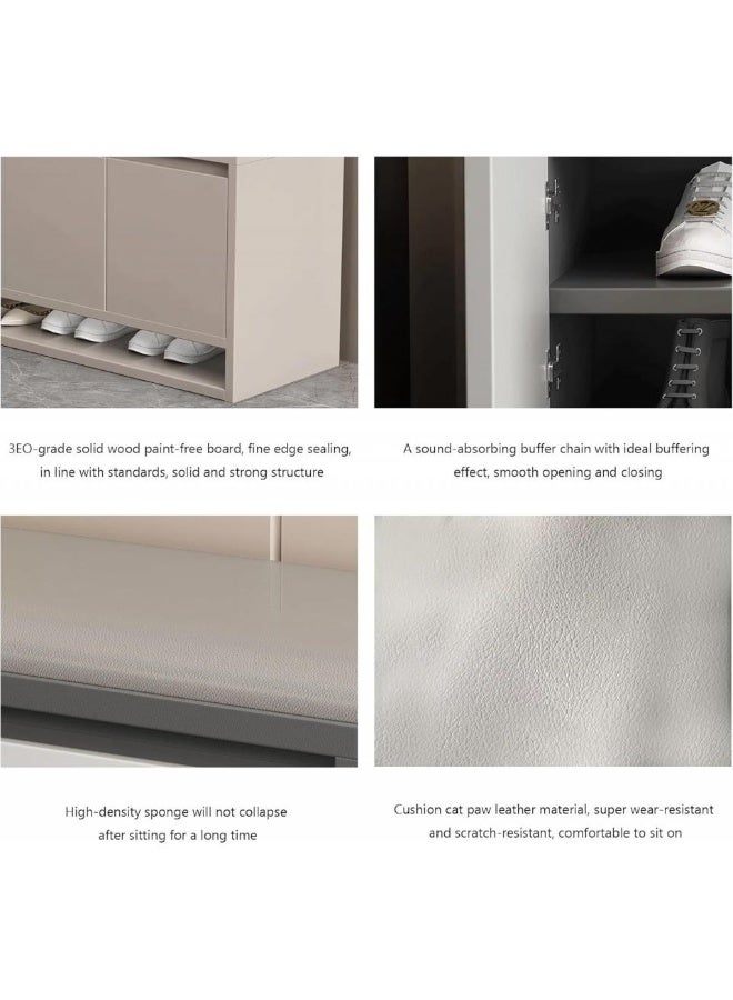 إيونتو مقعد تخزين أحذية بثلاث خزائن بأبواب متأرجحة ومساحة تخزين مخفية للمقاعد - مقعد أحذية مدخل من خشب MDF بارتفاع 100 سم مع وسادة جلدية ناعمة، يتحمل حتى 200 كجم، وأرفف قابلة للإزالة - Image 4