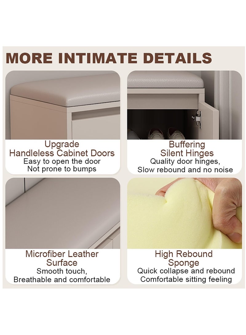 إيونتو مقعد تخزين أحذية بثلاث خزائن بأبواب متأرجحة ومساحة تخزين مخفية للمقاعد - مقعد أحذية مدخل من خشب MDF بارتفاع 100 سم مع وسادة جلدية ناعمة، يتحمل حتى 200 كجم، وأرفف قابلة للإزالة - Image 2