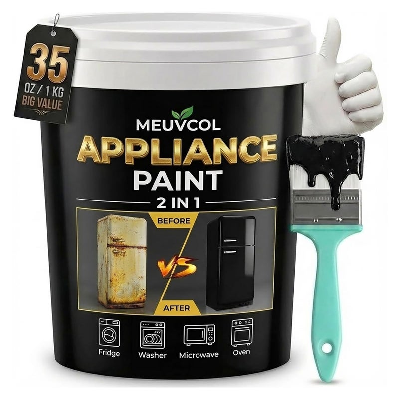 Meuvcol Appliance Paint, 35 Floz Black Appliance Epoxy Paint For Metal & Plastic Surface, Touch Up Coating For Refrigerator, Dishwasher, Washer, Microwave, Rust Preventative Coating With Tool - Image 1