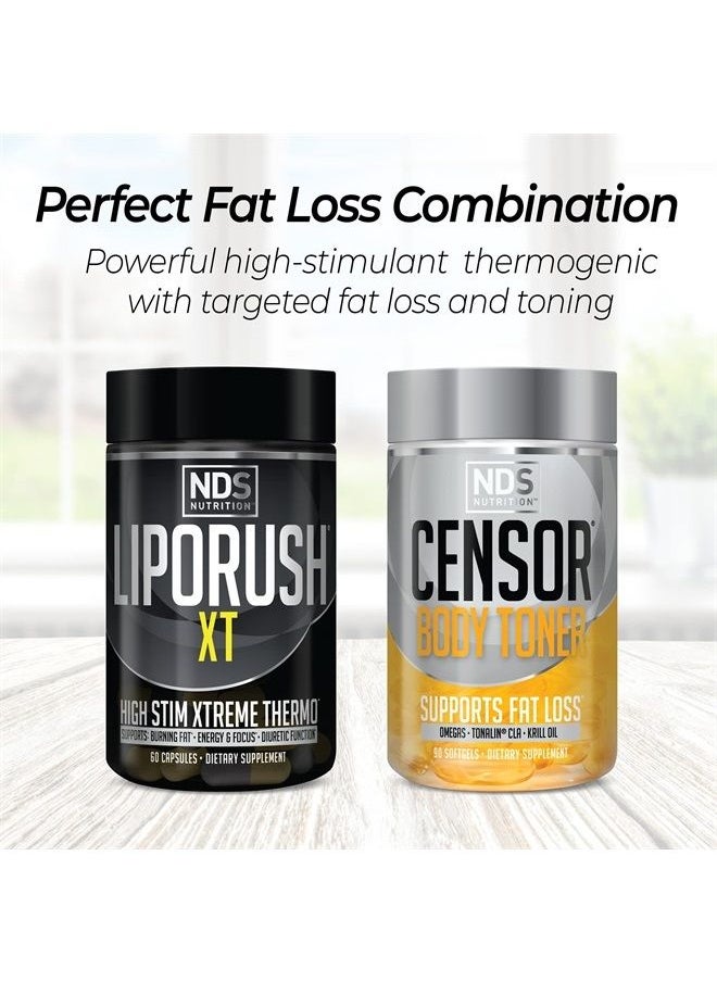 LIPORUSH - NDS Nutrition Maximum Strength Dual Impact Stack - Complete 2-in-1 Fat Loss Stack Enhanced with Teacrine, L-Carnitine, CLA for Serious Results - Censor 90 Softgels & LipoRush XT 60 Capsules - Image 1