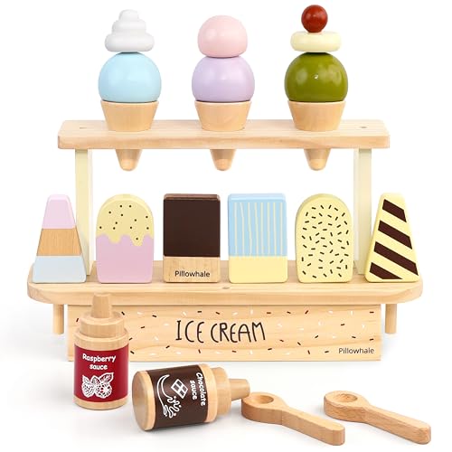 Pillowhale Wooden Ice Cream Play Set for Kids 24 PCS Pretend Ice Cream Toy Counter with Cones Popsicles Toppings Sauces Spoons Wooden Play Food Toys Role Kitchen Accessories for Toddlers 35 - Image 1
