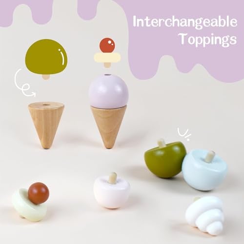 Pillowhale Wooden Ice Cream Play Set for Kids 24 PCS Pretend Ice Cream Toy Counter with Cones Popsicles Toppings Sauces Spoons Wooden Play Food Toys Role Kitchen Accessories for Toddlers 35 - Image 5