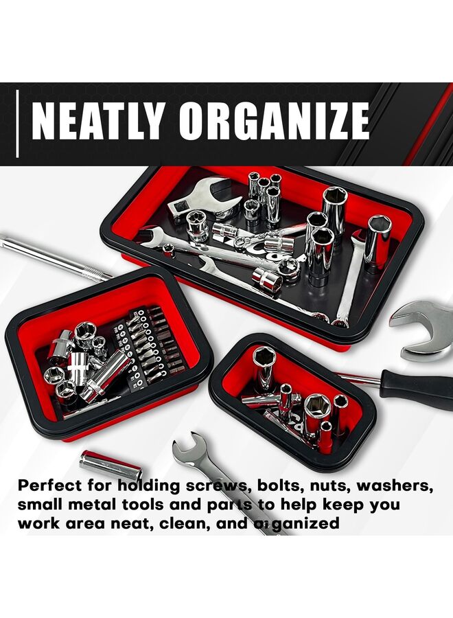 3-piece Collapsible Magnetic Parts Tray Set, Foldable Magnetic Tray, Different Size Tool Trays for Screw, Bolts, Nuts, Washers, Pins and Other Small Metal Parts and Tools, Insulating si - Image 2