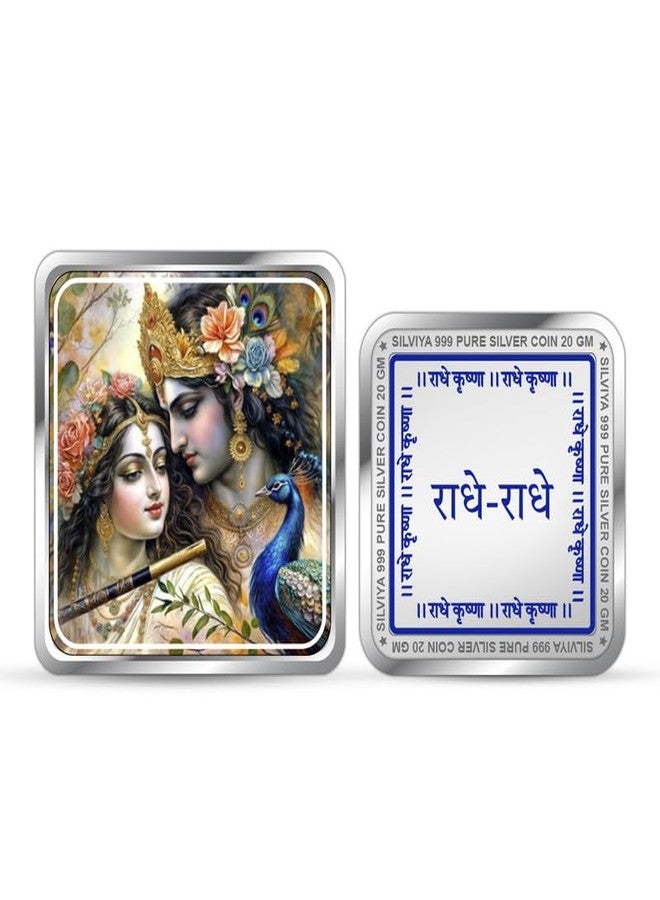 Silviya BIS Hallmarked 999 Pure Silver Radha Krishna Mor Pankh Coin (20g) Square Shape - Divine Love & Beauty - Spiritual Home Decor - With Certificate of Authenticity - Image 1