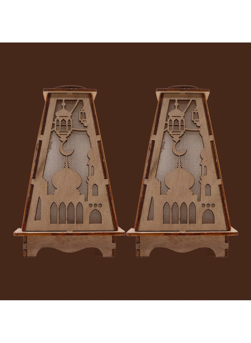 يوويل 2 قطعة فانوس رمضان خشبي رمضان مبارك ديكور ضوء فانوس ديكور العيد مصباح للاستخدام الداخلي والخارجي ديكور ضوء رمضان 13X8.5 سم - Image 3