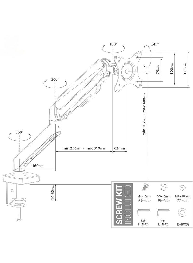 FlashHawk Aluminum Alloy Full Motion Single Monitor Arm,Air Pressure Lifting,Rotatable,Telescopic,Tilting Monitor Desktop Stand, Suitable for 13-32 Inch Screen,Load Bearing 10kg - Image 2