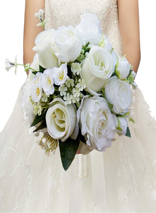 CYANLUX Wedding Bouquets for Bride Bridesmaid Bouquet Champagne White Artificial Roses Flowers for Wedding Valentine's Day Church Home Decoration… (White Rose) - Image 2