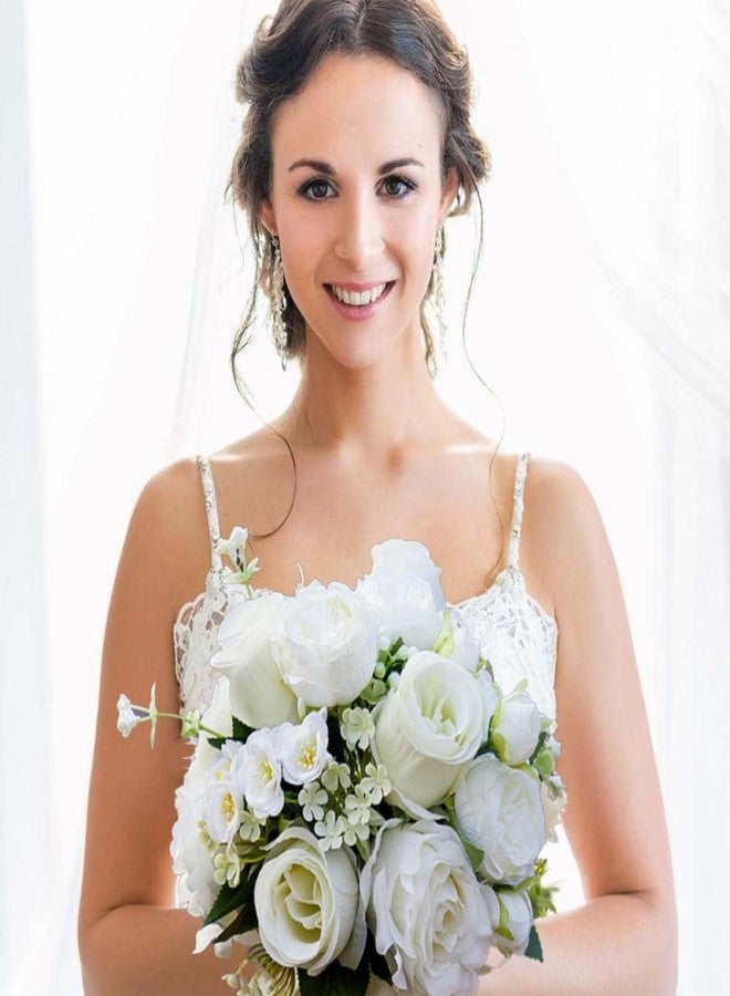 CYANLUX Wedding Bouquets for Bride Bridesmaid Bouquet Champagne White Artificial Roses Flowers for Wedding Valentine's Day Church Home Decoration… (White Rose) - Image 3