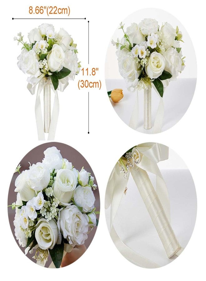 CYANLUX Wedding Bouquets for Bride Bridesmaid Bouquet Champagne White Artificial Roses Flowers for Wedding Valentine's Day Church Home Decoration… (White Rose) - Image 4