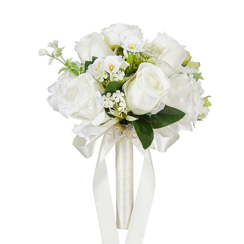 CYANLUX Wedding Bouquets for Bride Bridesmaid Bouquet Champagne White Artificial Roses Flowers for Wedding Valentine's Day Church Home Decoration… (White Rose) - Image 1