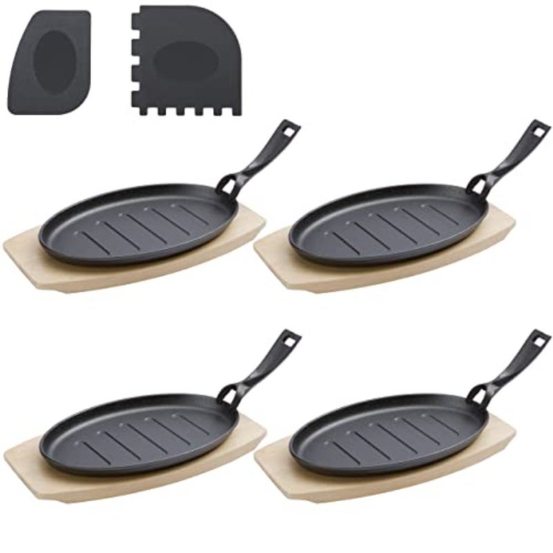 Cast Iron Serving Pans Extra Large with 27 cm - Grill Pans Including FSC Wooden Trivet 32 cm - Serving Pans - Set of 4 Cast Frying Pans + Plus: 2 Scrapers - Image 1