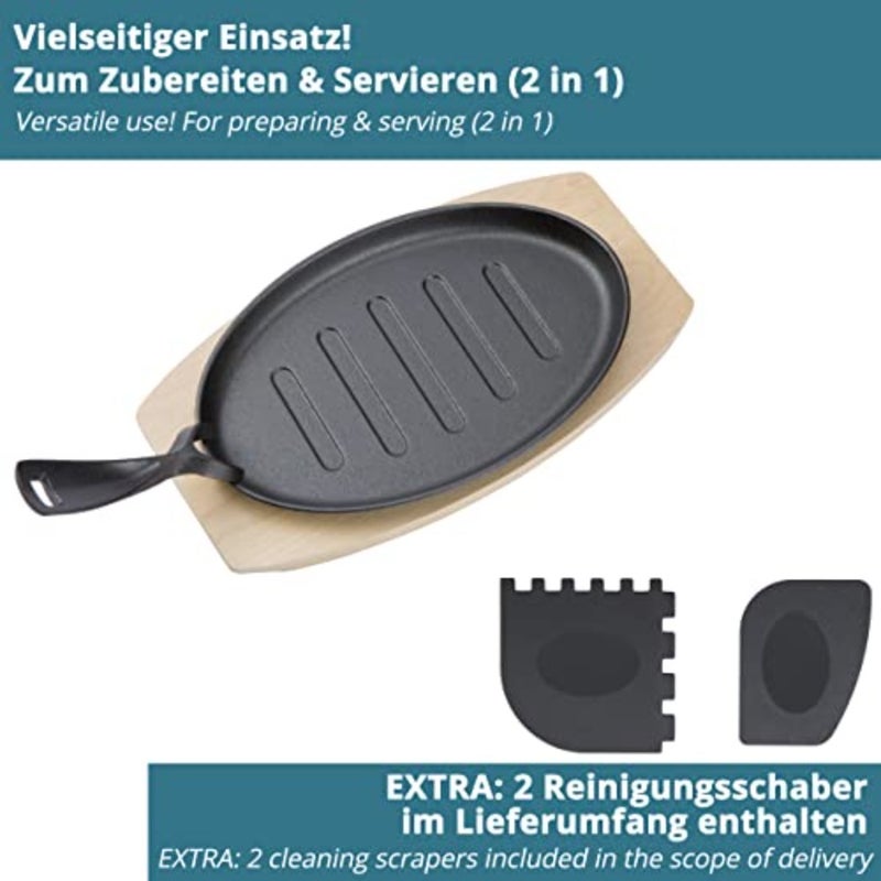 Cast Iron Serving Pans Extra Large with 27 cm - Grill Pans Including FSC Wooden Trivet 32 cm - Serving Pans - Set of 4 Cast Frying Pans + Plus: 2 Scrapers - Image 5