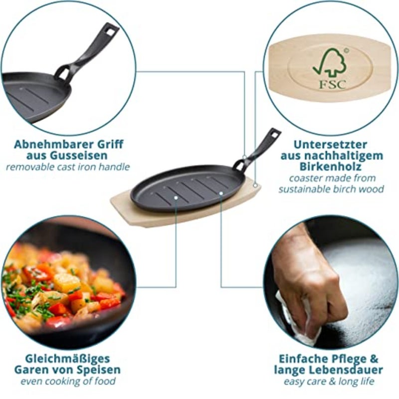 Cast Iron Serving Pans Extra Large with 27 cm - Grill Pans Including FSC Wooden Trivet 32 cm - Serving Pans - Set of 4 Cast Frying Pans + Plus: 2 Scrapers - Image 3