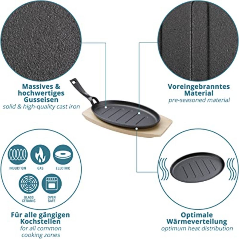 Cast Iron Serving Pans Extra Large with 27 cm - Grill Pans Including FSC Wooden Trivet 32 cm - Serving Pans - Set of 4 Cast Frying Pans + Plus: 2 Scrapers - Image 2