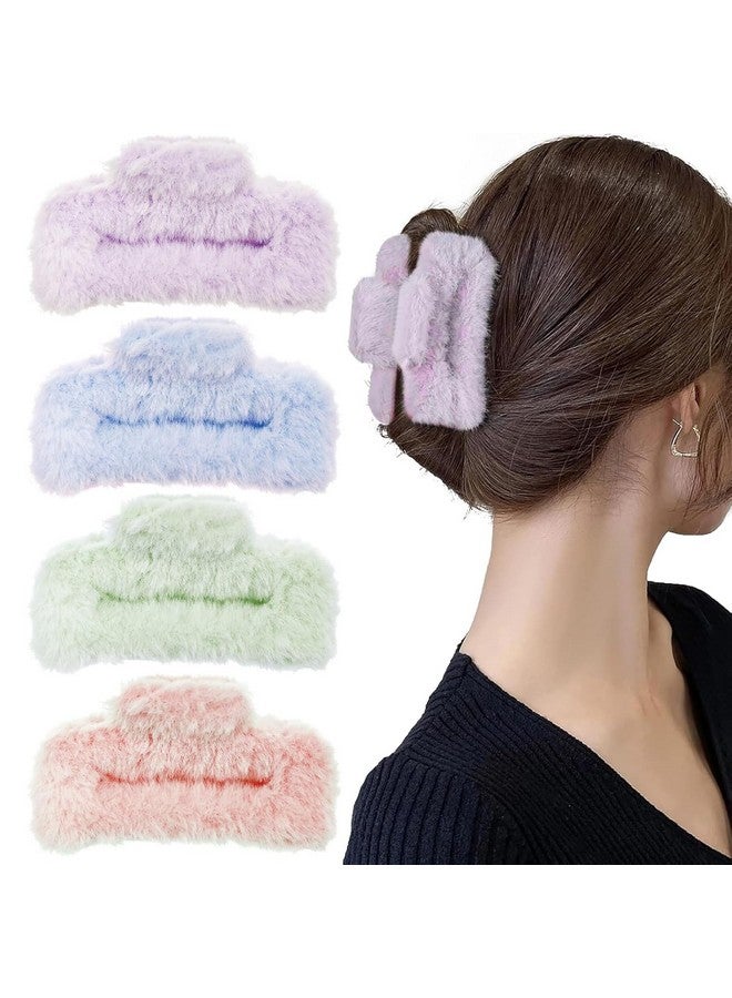 APSAMBR - 4pcs Large Fluffy Winter Plush Hair Claw Clips -Fuzzy, Cute Square Faux Fur Barrettes for Women & Girls, Perfect Thick Curly Accessories Catch Barrette Jaw Clamp, Furry, Multicolor - Image 1