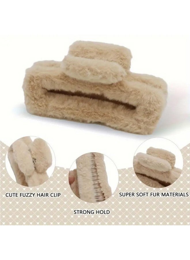 APSAMBR - 4pcs Large Fluffy Winter Plush Hair Claw Clips -Fuzzy, Cute Square Faux Fur Barrettes for Women & Girls, Perfect Thick Curly Accessories Catch Barrette Jaw Clamp, Furry, Multicolor - Image 3