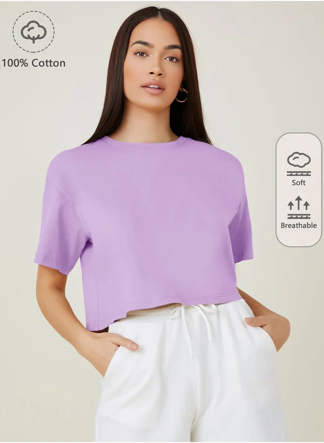 كوتي Solid Short Sleeve Oversized Crop T-Shirt