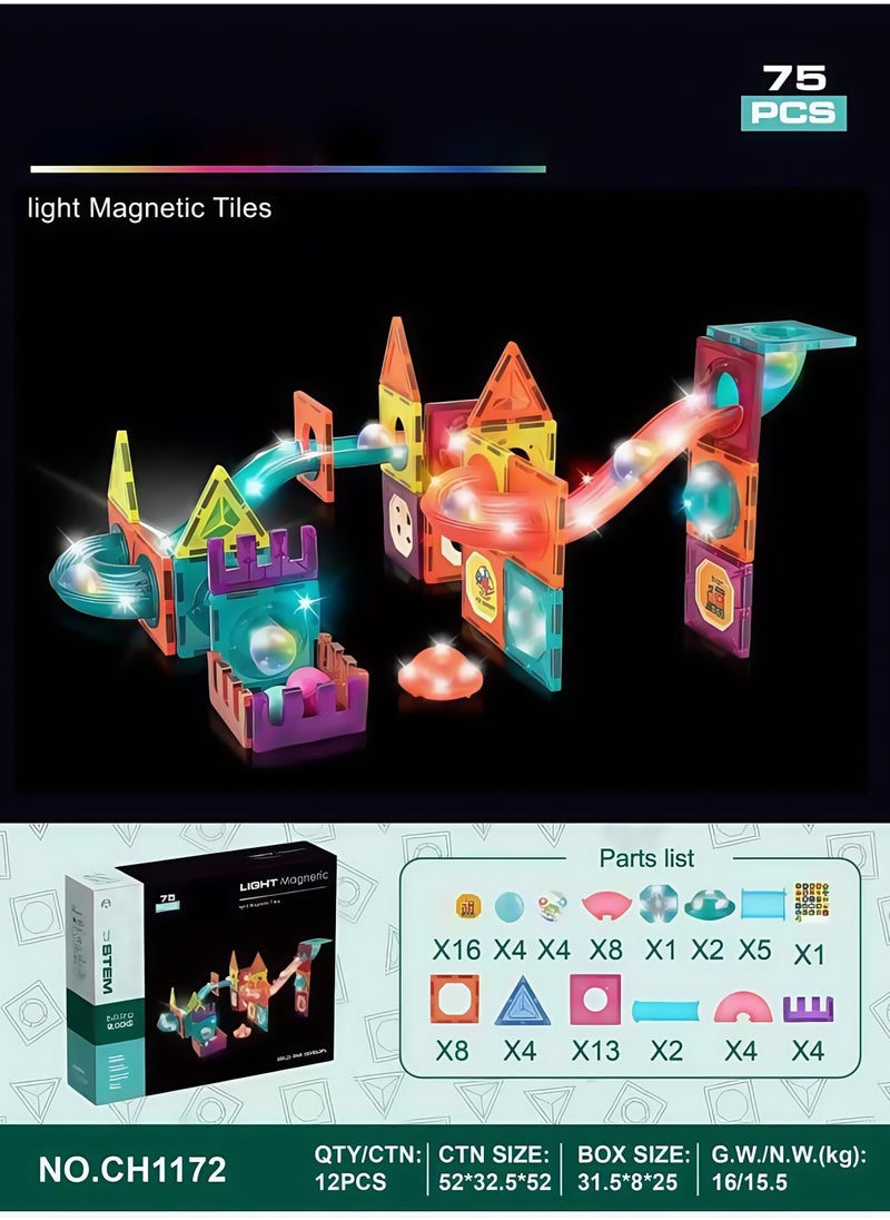 75-Piece Light-Up Magnetic Building Tiles: Early Educational STEM Toys for Toddlers and Kids3D Magnetic Puzzle Stacking Blocks with Glowing Features 