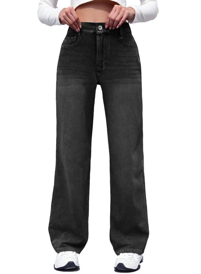 ELLEVEN High Stretchy Knit Straight Leg Sweatpant Jeans Women, Elastic Waist Wide Leg Baggy Jeans High Waisted Pull on Jeans, Black Denim, S - Image 1