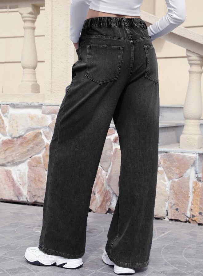 ELLEVEN High Stretchy Knit Straight Leg Sweatpant Jeans Women, Elastic Waist Wide Leg Baggy Jeans High Waisted Pull on Jeans, Black Denim, S - Image 2