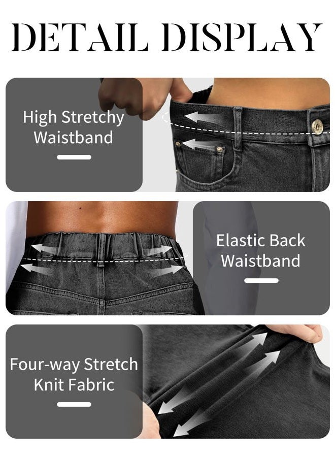 ELLEVEN High Stretchy Knit Straight Leg Sweatpant Jeans Women, Elastic Waist Wide Leg Baggy Jeans High Waisted Pull on Jeans, Black Denim, S - Image 4