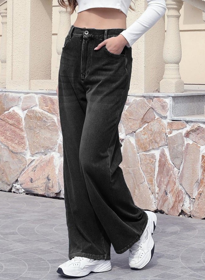 ELLEVEN High Stretchy Knit Straight Leg Sweatpant Jeans Women, Elastic Waist Wide Leg Baggy Jeans High Waisted Pull on Jeans, Black Denim, S - Image 5