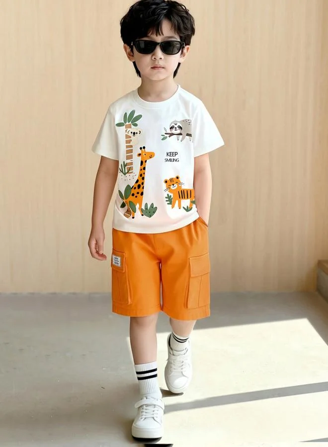 Take Two Boys White Graphic T-Shirt and Orange Shorts Set