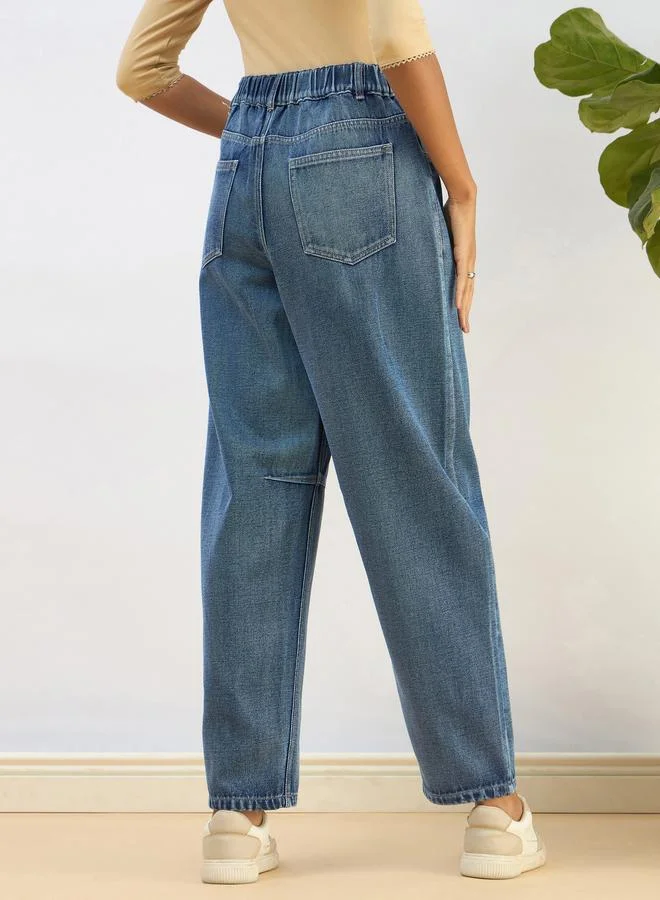 SASSAFRAS Blue Blue Washed Balloon Fit Jeans for Women | Best Price UAE