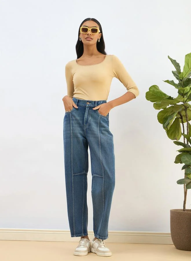 SASSAFRAS Blue Blue Washed Balloon Fit Jeans for Women | Best Price UAE