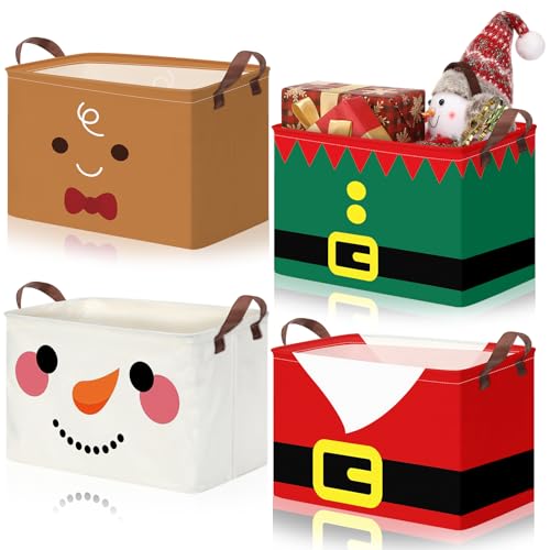 Wesnoy 4 Pcs Christmas Storage Bins 142 x 87 x 95 Inch Red Green Santa Claus Gingerbread Foldable Christmas Baskets for Gift Collapsible Xmas Organizer Cube Box with Handle for Office Home Bedroom - Image 1