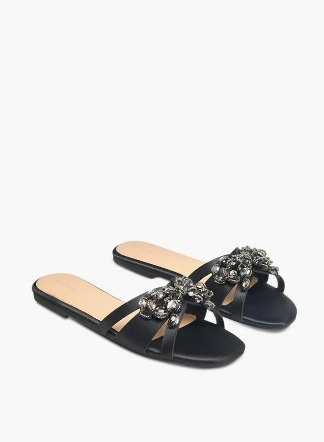 Flora Bella By Shoexpress BLACK Flora Bella Women Embellished Slip-On Flat Sandals for Women | Best Price UAE