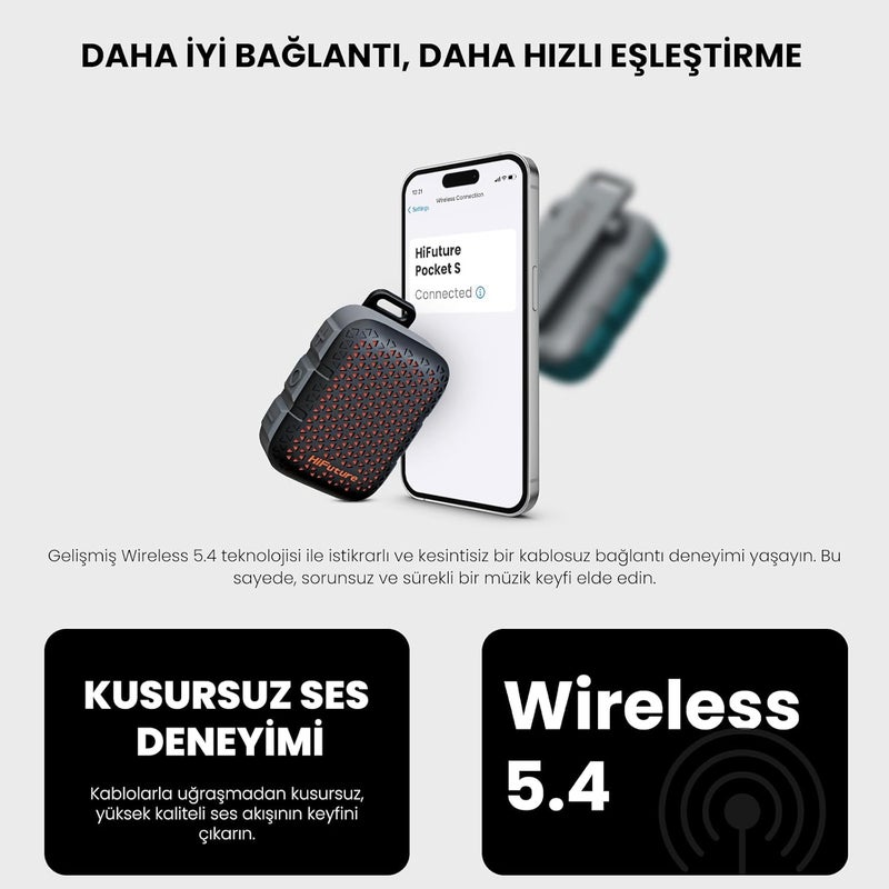 هاي فيوتشر صورة المنتج: مكبر صوت Pocket S المحمول والقابل للارتداء، وقت تشغيل 8 ساعات، مظهر فاخر، مشبك مغناطيسي، مقاوم للماء IPX7، وزن خفيف 77 جرام، شحن من نوع USB-C، لون أسود - Image 5