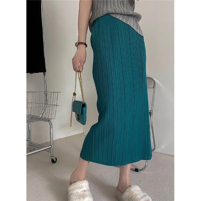 Miyake Pleated Skirt Woman 2024 Autumn Sweater Pair Mid-Length Slit Straight Skirt Dark Green Skirt