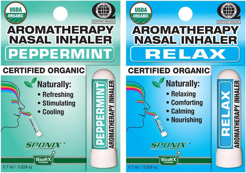 SPONIX Aromatherapy Nasal Inhaler Pack of 2 Made with Organic Essential Oil - Peppermint and Relax - 0.7 mL by Sponix 