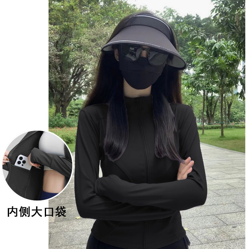 Generic White Fitness Quick-drying Clothes Womens Autumn and Winter Anti-ultraviolet Yoga Clothes Long-sleeved New Outdoor Sports Jacket Top Star black-waist slimming + built-in pockets 