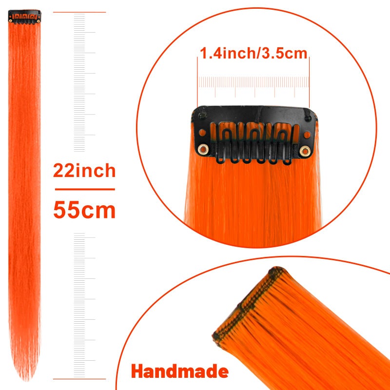 TOFAFA 22 inch Colored Hair Extensions, Multi-colors Party Highlights Clip in Synthetic Hairpiece for Girl Women Kids Halloween Cosplay Party Gift(10 PCS Orange) - Image 4