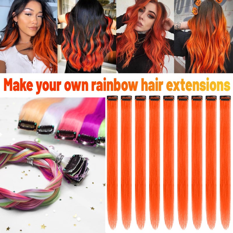 TOFAFA 22 inch Colored Hair Extensions, Multi-colors Party Highlights Clip in Synthetic Hairpiece for Girl Women Kids Halloween Cosplay Party Gift(10 PCS Orange) - Image 2