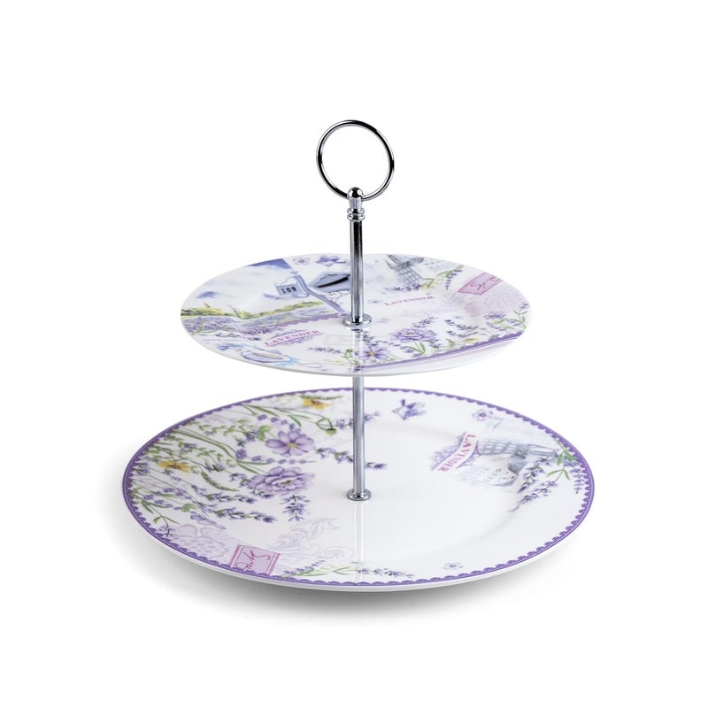 MGeezz TwoTier Ceramic Lavender Print Cake Stand Dessert Serving Tray with Detachable Layers Party Tray for Cupcakes Fruits and Jewelries - Image 1