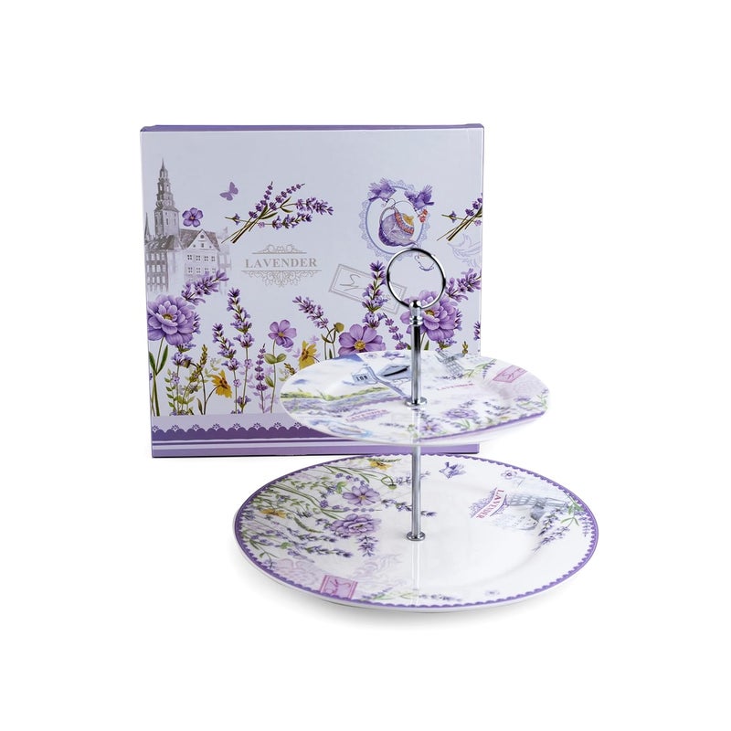 MGeezz TwoTier Ceramic Lavender Print Cake Stand Dessert Serving Tray with Detachable Layers Party Tray for Cupcakes Fruits and Jewelries - Image 3